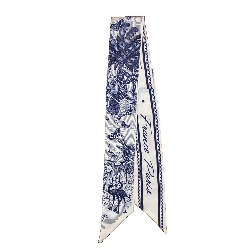 JERLA 100% Mulberry Silk Neck Scarf Blue White Purse Hair Neck 36"x2.5"